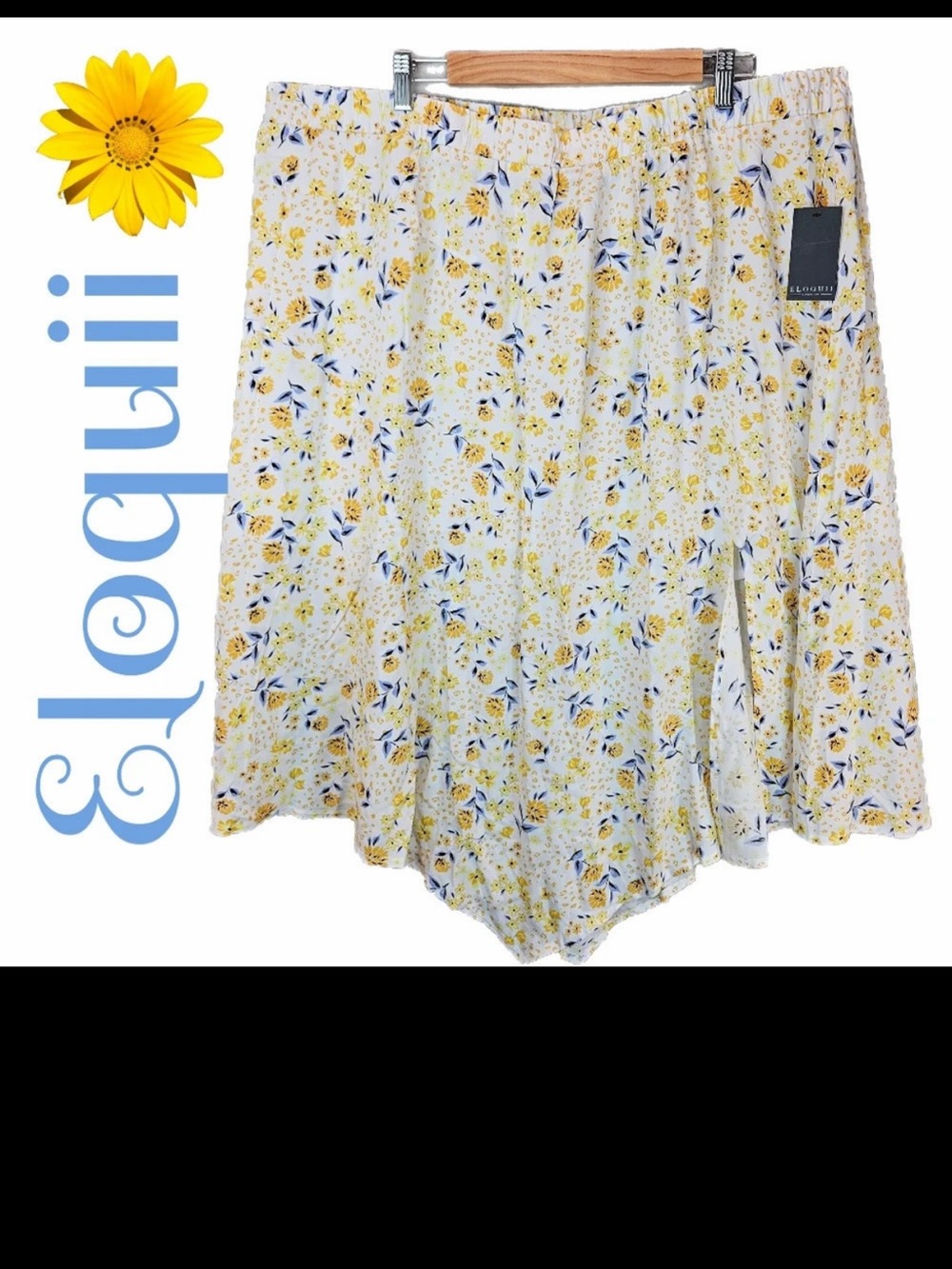 Eloquii Skirt Womens Sz 22 Yellow Floral Elastic Waist Hankerchief Hem